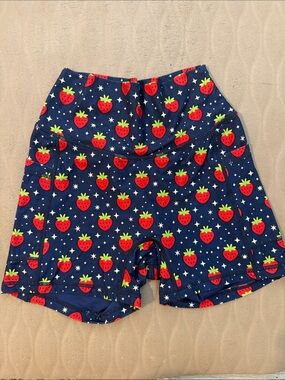 Silver Jeans Navy Bike Shorts with Red Strawberry Print